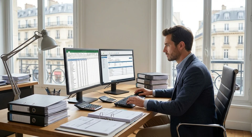 Photographie d'un expert-comptable ou responsable administratif travaillant sur un ordinateur de bureau dans un cabinet comptable, avec &agrave; l'&eacute;cran visible une interface de logiciel de comptabilit&eacute; professionnelle. Le professionnelle est concentr&eacute; sur son travail, l'environnement est celui d'un vrai cabinet (mobilier professionnel, documents). L'image doit &ecirc;tre claire, r&eacute;aliste et de qualit&eacute; professionnelle, transmettant l'id&eacute;e que le logiciel est sp&eacute;cifiquement con&ccedil;u pour ce m&eacute;tier.