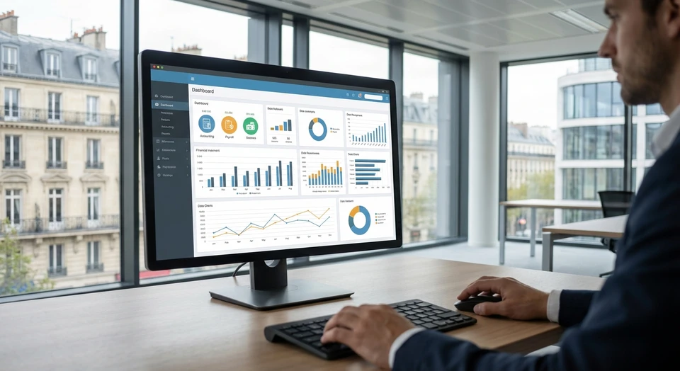 Vue rapprochée d'un écran d'ordinateur affichant une interface de logiciel de gestion comptable avec tableaux de bord, graphiques et données financières. Au premier plan en arrière-plan flou : un professionnel assis à son bureau, concentré sur son travail, l'environnement étant celui d'un bureau moderne. La photo capte l'essence de la productivité informatique et de la gestion d'entreprise digitalisée.